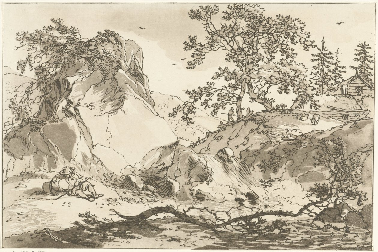 Hilly Landscape with a Resting Man by Hendrik Meijer