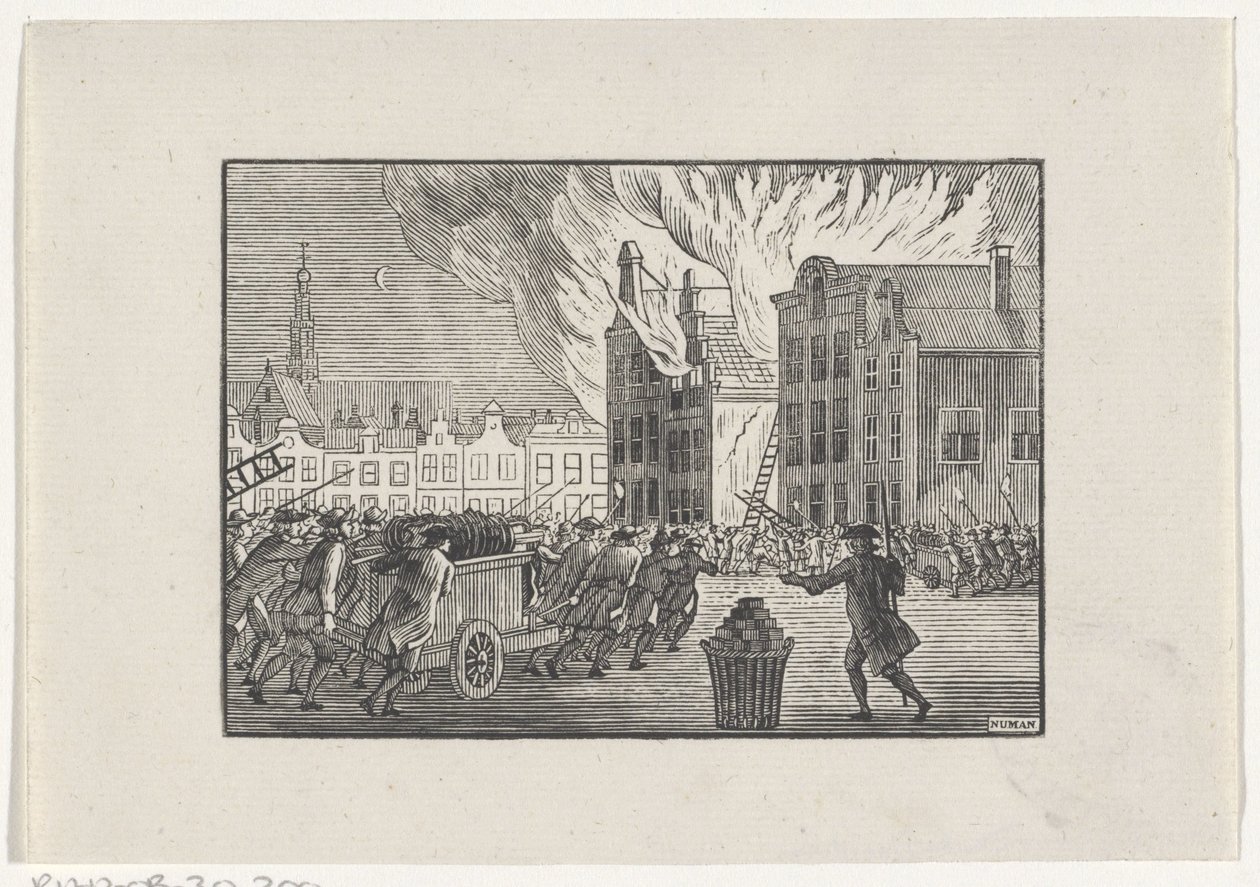 Firefighters Rushing to a Burning House in a Market Square by Hendrik Numan