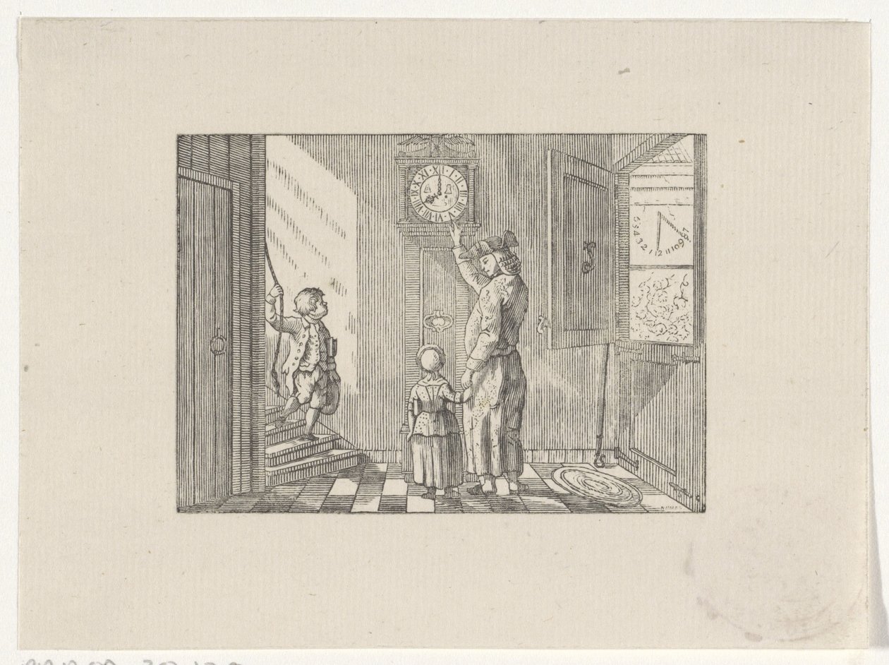 Man Teaching a Boy and a Girl to Tell Time on a Standing Clock by Hendrik Numan