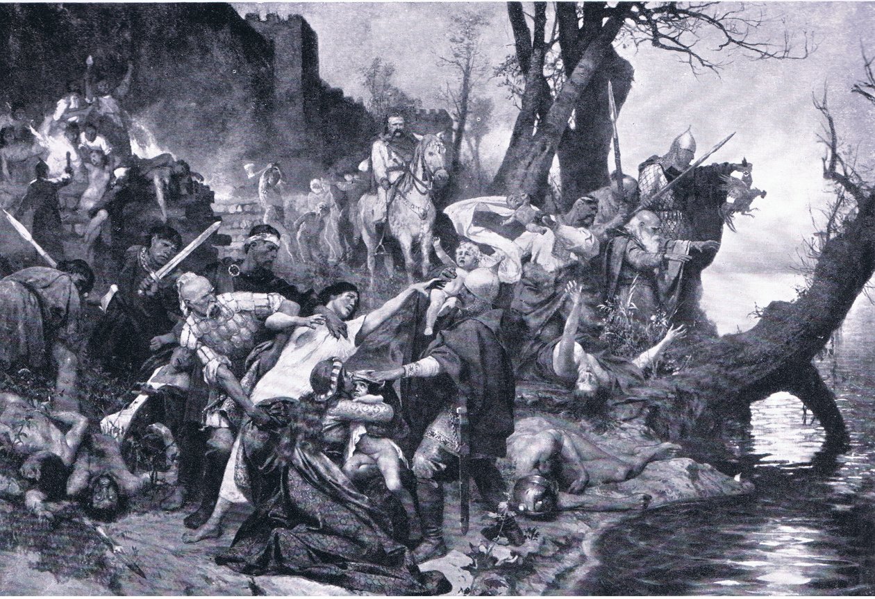 Warriors of Sviatoslav at the massacre under the walls of Drster, illustration from Landmarks in European History by Henryk Siemiradzki