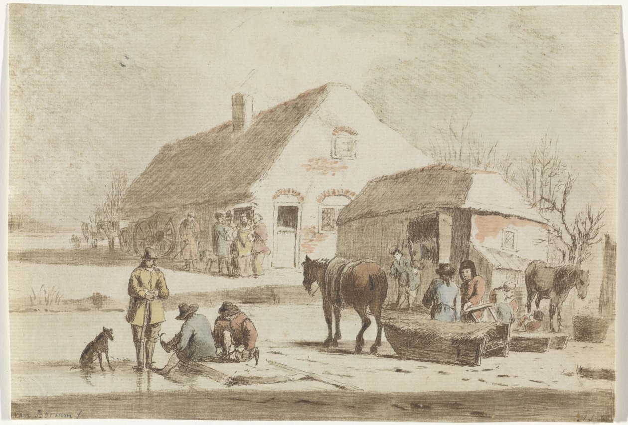 Skaters and a Sledge by a Farm by Hendrik Spilman