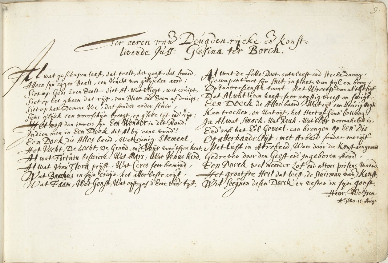 Hymn in Honor of Gesina ter Borch by Hendrik Wolfsen (signed by artist)