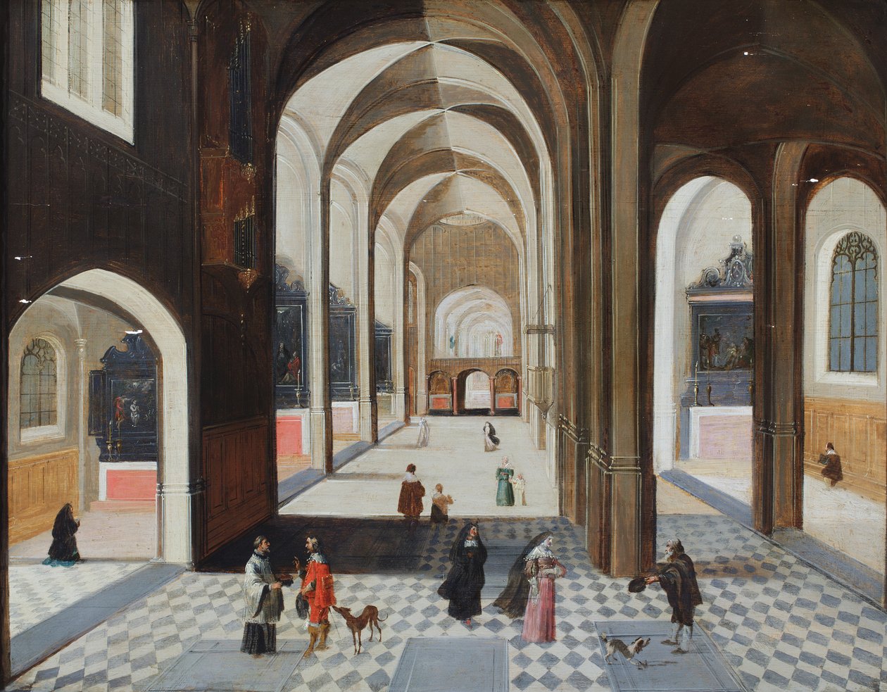 A Church Interior with Figures Including a Man in Red Talking to a Cleric by Hendrik the Younger (follower of) Steenwyck