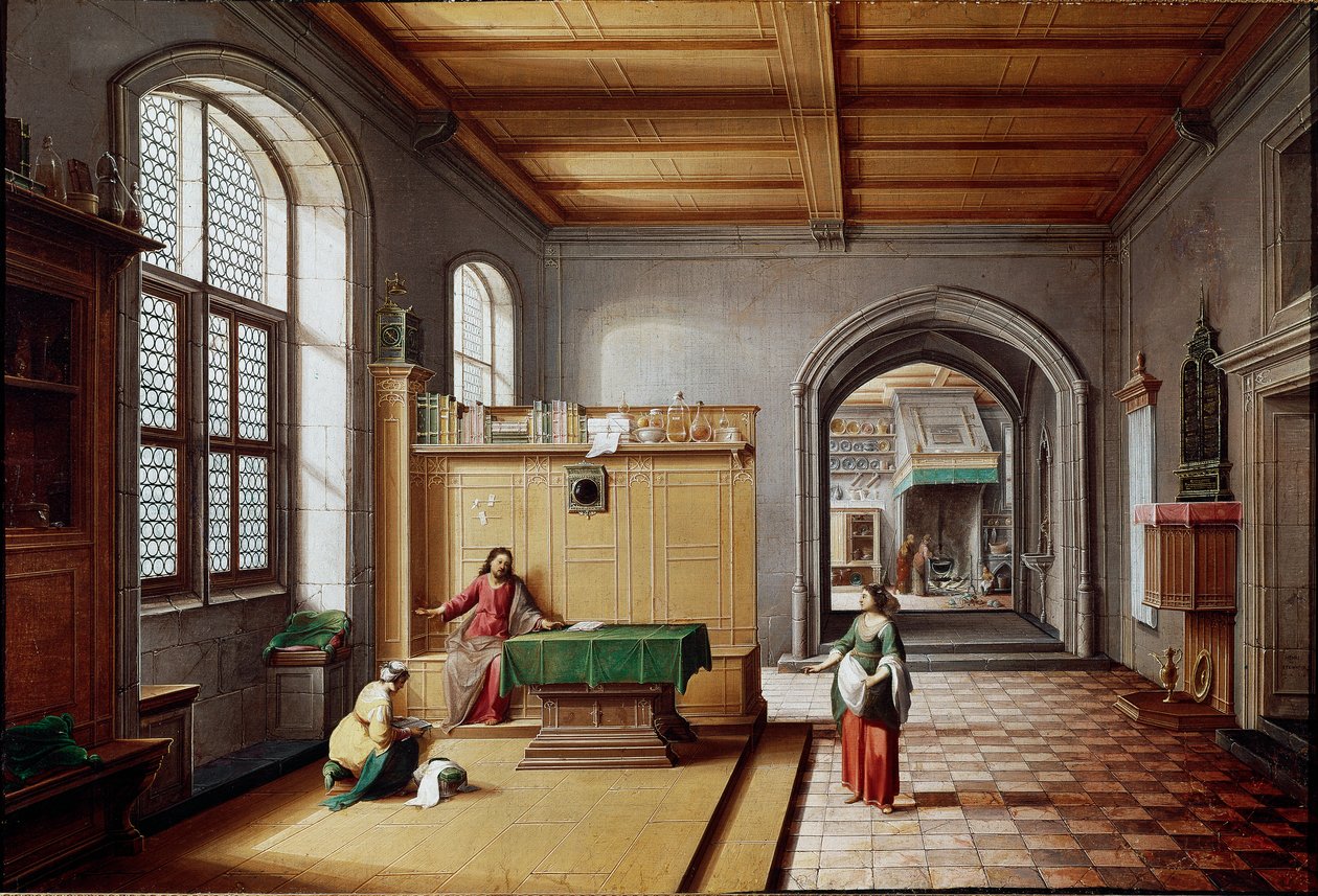 Jesus at Marthe and Marie de Bethanie. Painting by Hendrik van Steenwyck the Younger by Hendrik van (c.1580 1649) Steenwyk