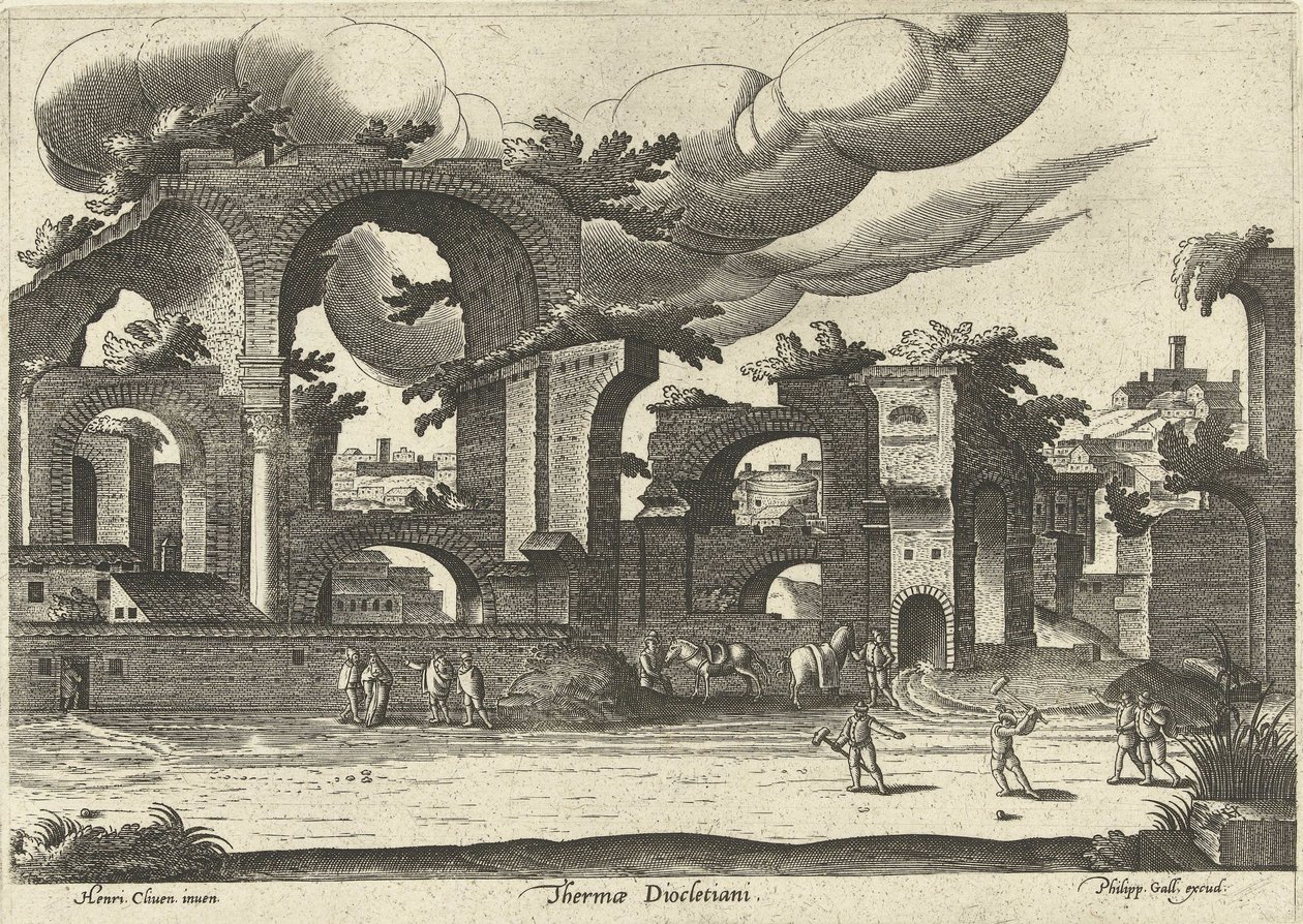 Ruins of the Baths of Diocletian with two men playing croquet in the foreground, 1585 by Hendrik van Cleve III