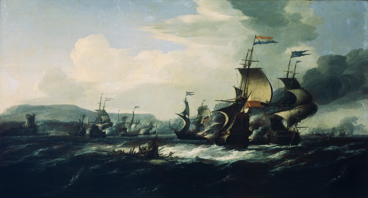 A battle between the Dutch and Barbary pirates near the coast, late 17th century by Hendrik van Minderhout