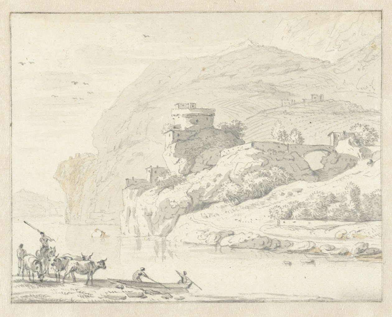 Italianate Mountain Landscape with Herders and Cattle, and Two Figures in a Boat Crossing the River by Hendrik van der Straaten (attributed to)