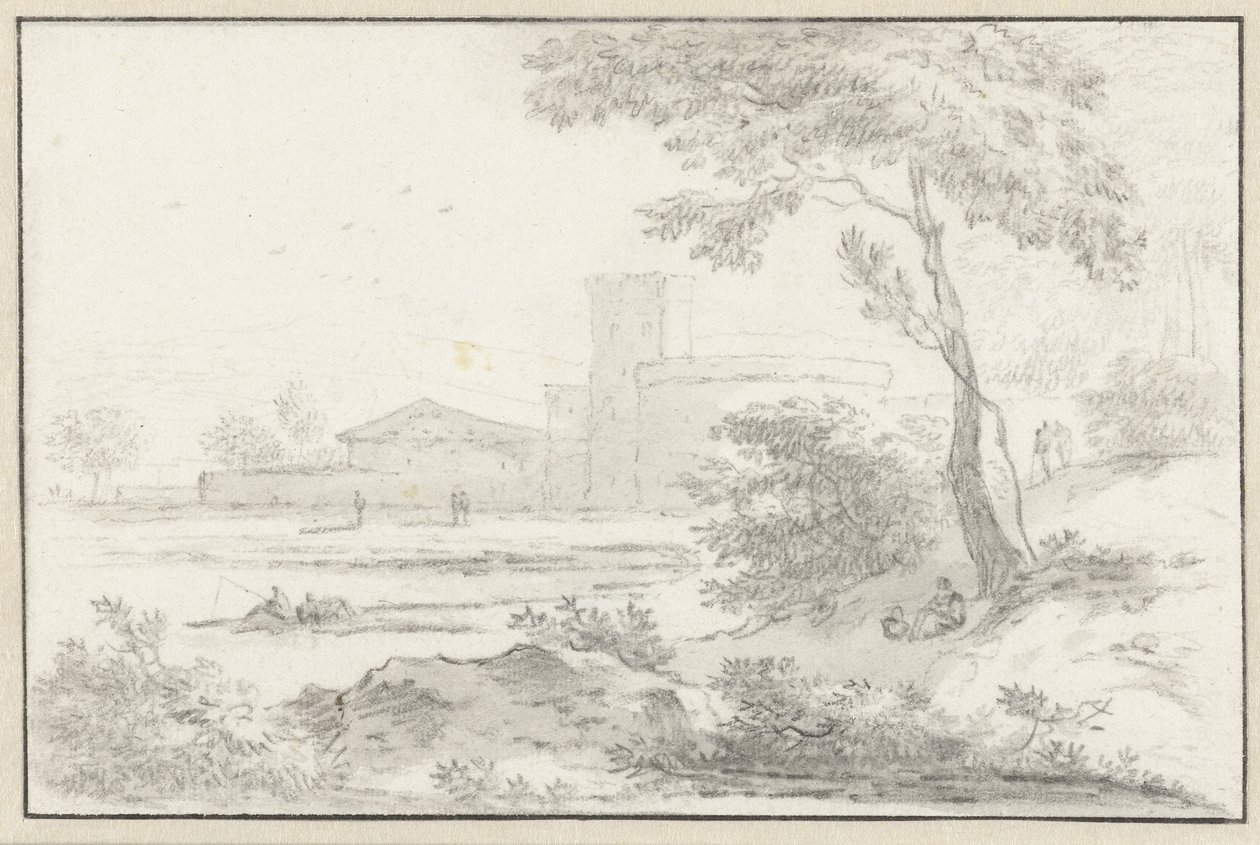 Italianate Landscape with Fortified Building in the Background by Hendrik van der Straaten