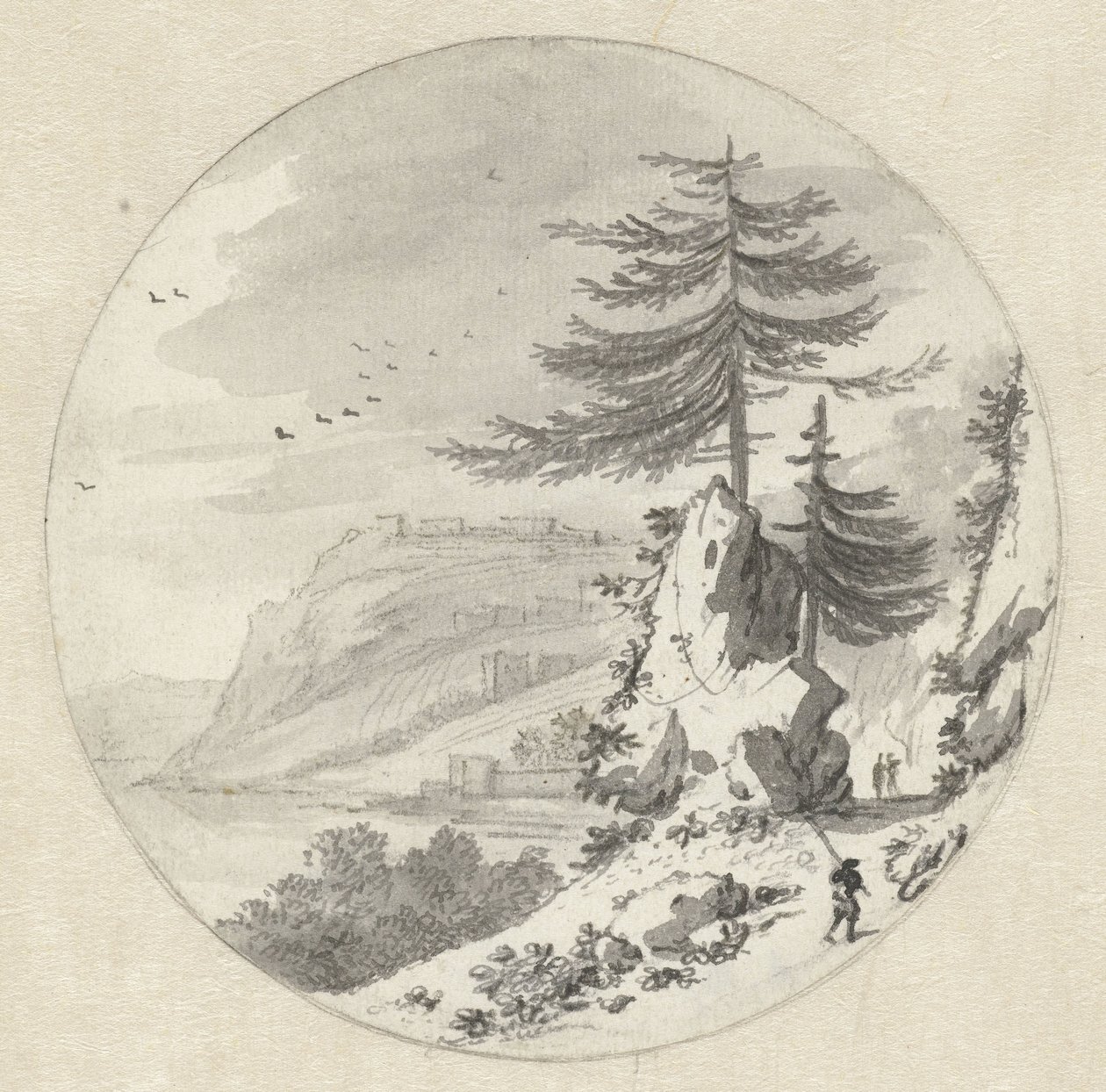 Mountainous Coastal Landscape with a Large Fir Tree by Hendrik van der Straaten
