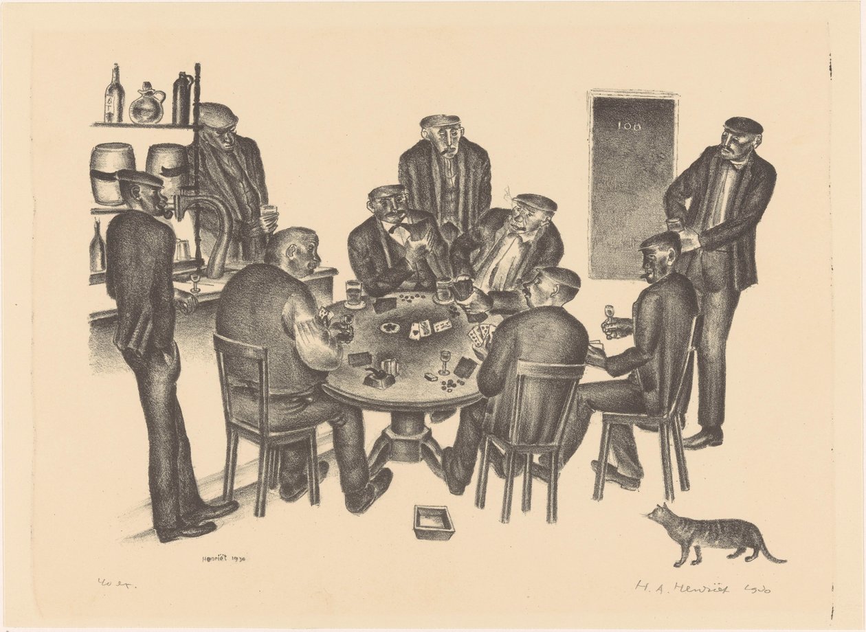 Men Playing Cards in a Bar by Henk Henriët (signed by artist)