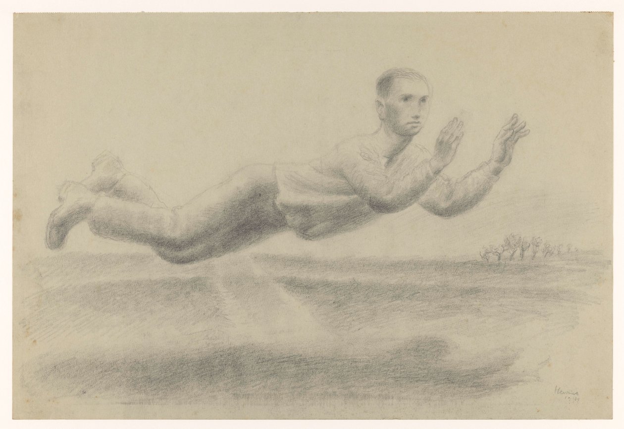 Self-Portrait with Raised Hands Floating in a Landscape by Henk Henriët (signed by artist)
