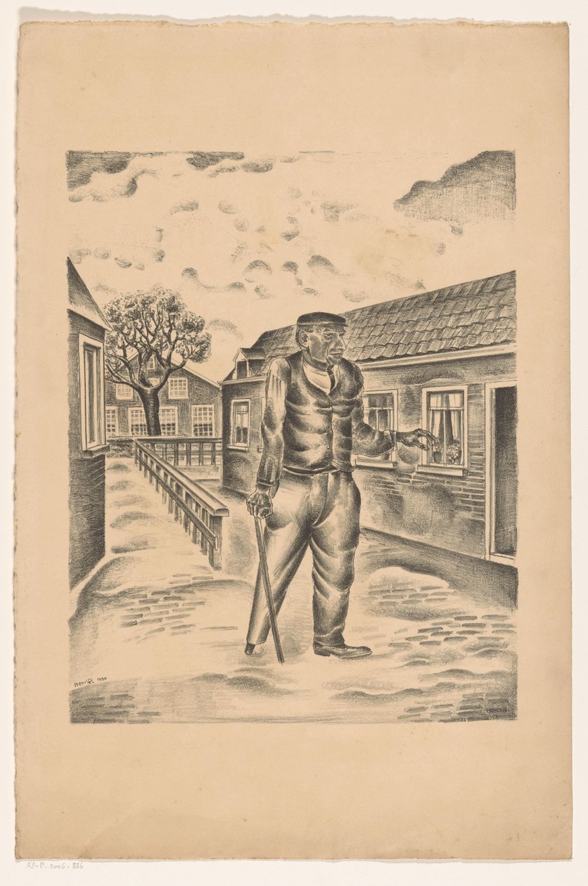Man with Wooden Leg and Cane in a Village Street by Henk Henriët