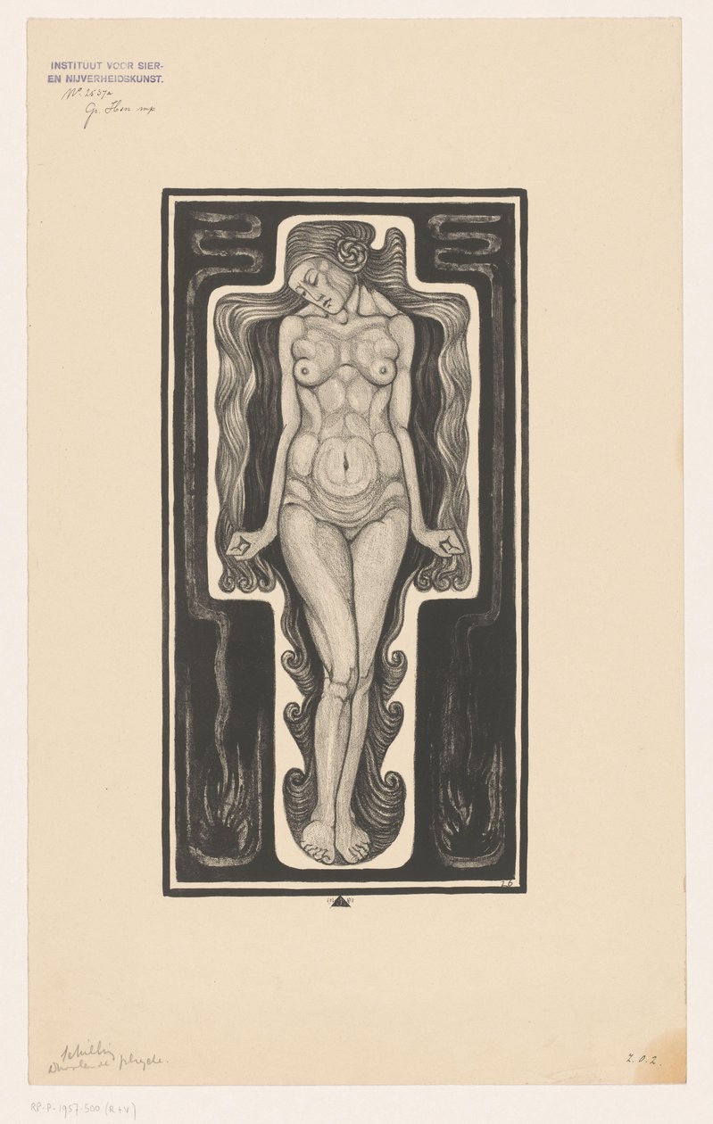 Standing naked woman with long hair by Henk Schilling
