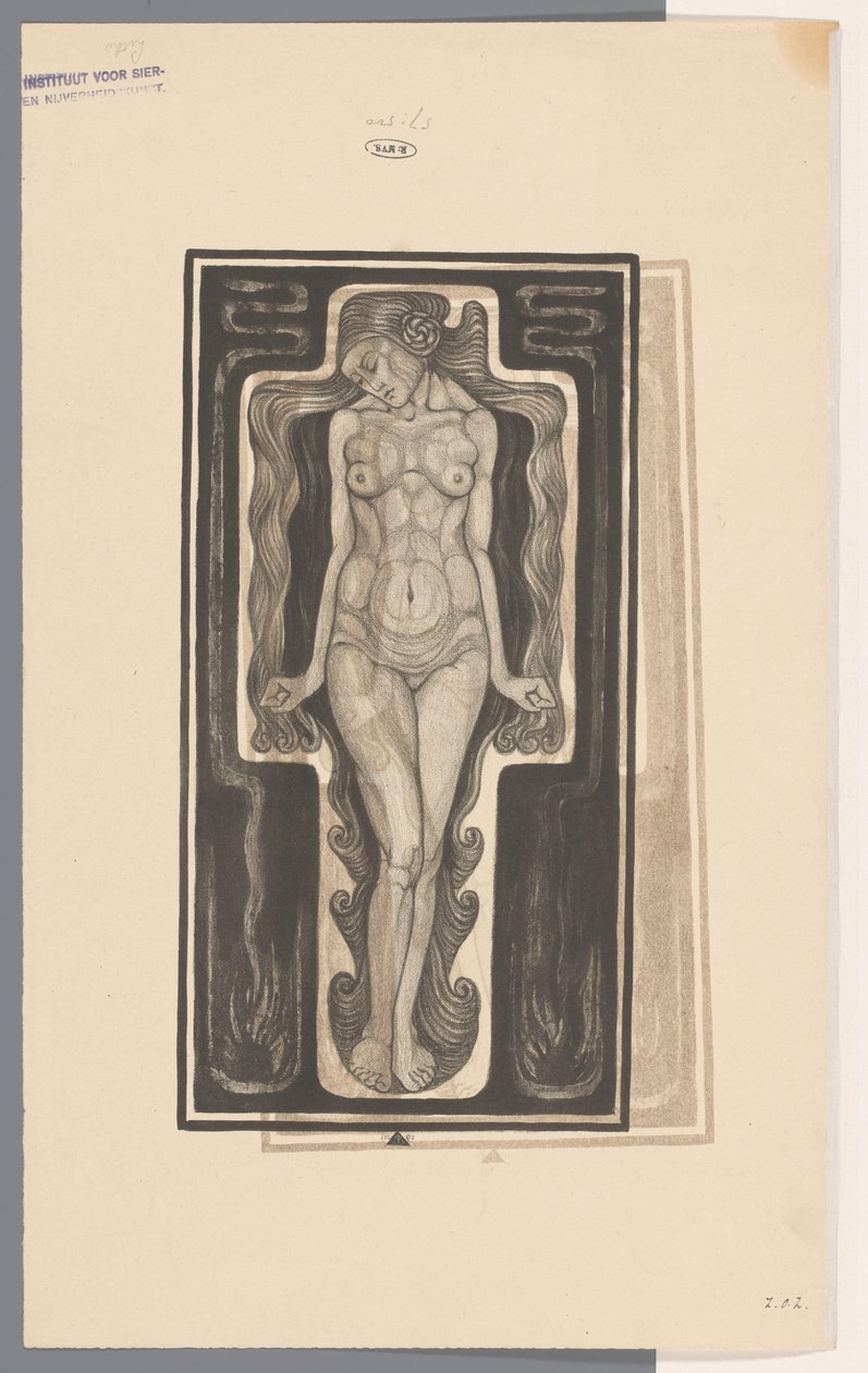 Standing naked woman with long hair, Wandering psyche by Henk Schilling
