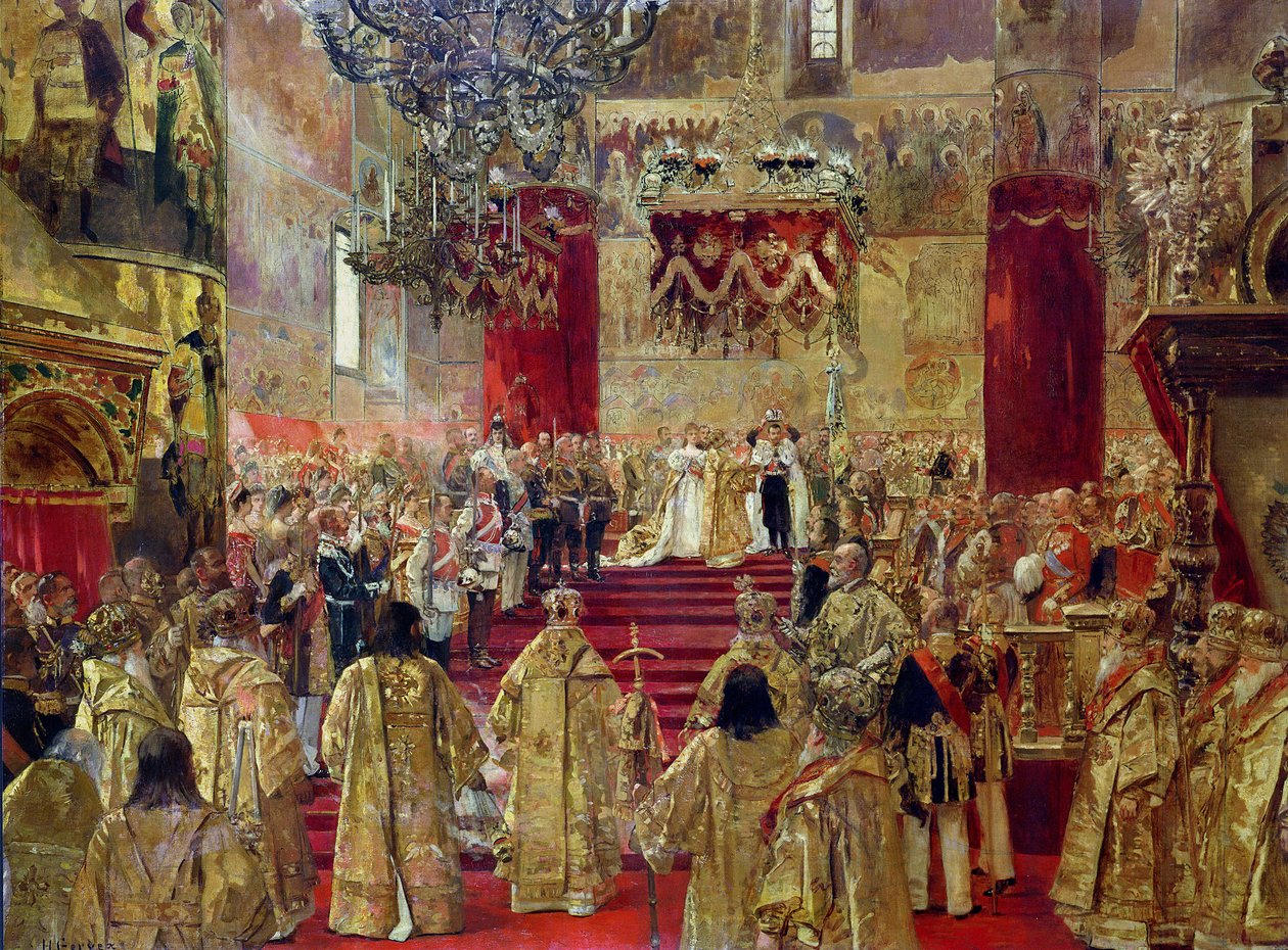 Study for the Coronation of Tsar Nicholas II and Tsarina Alexandra at the Church of the Assumption, Moscow, 14th May 1896 by Henri Gervex