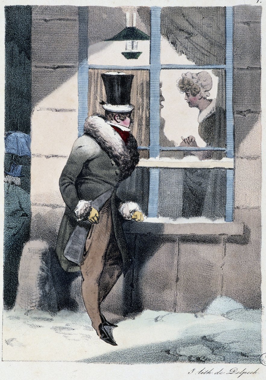 Curious Man Looking Out the Window Inside a House: Everyone Takes His Pleasure Where He Finds Him - in Les Pastemps by Henri Monnier, ed. Delpech, Paris by Henri Bonaventure Monnier
