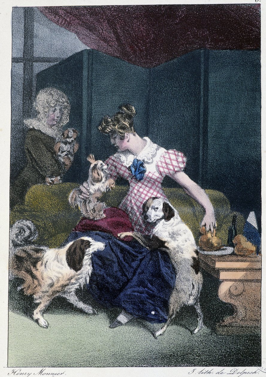Young girl with dogs: "Everyone takes his pleasure where he finds him" - in "Les pastemps" by Henri Monnier, ed. Delpech, Paris by Henri Bonaventure Monnier