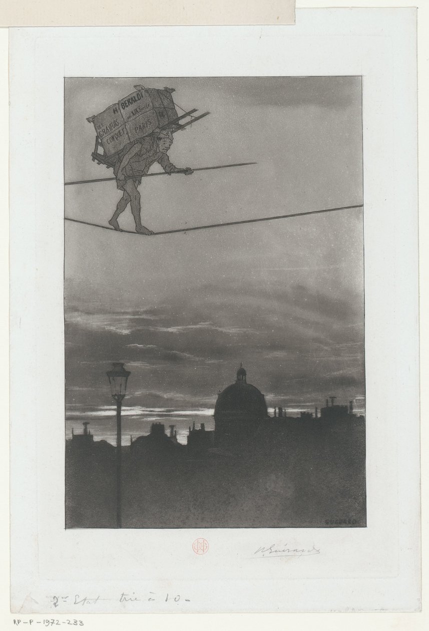 Tightrope Walker with Package on His Back Above a City (Title Page for: Henri Béraldi, Les Graveurs du XIXe Siècle, 1888) by Henri Charles Guérard (signed by artist)