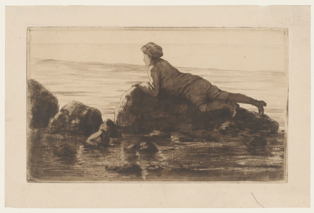 Boy Lying on Rocks on the Beach by Henri Charles Guérard
