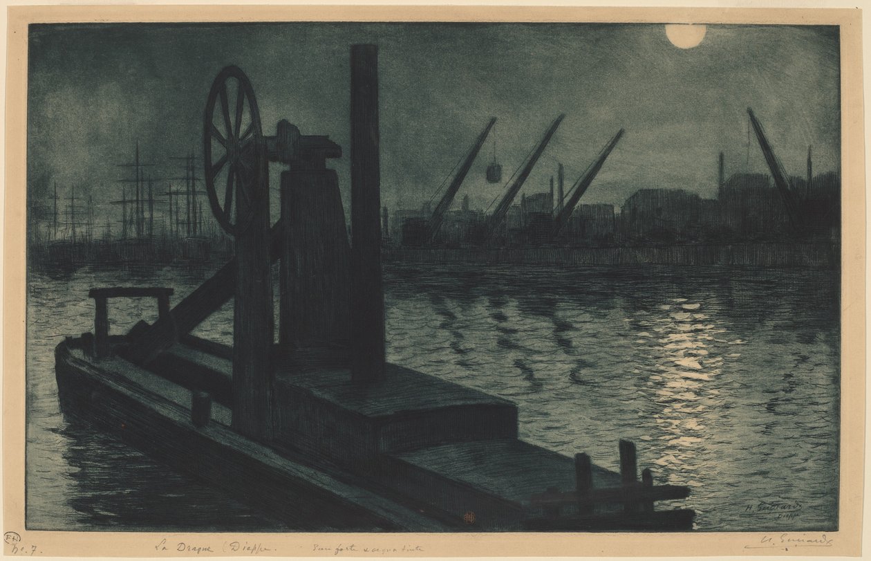 A Dredger in Dieppe Harbor by Moonlight by Henri Charles Guérard