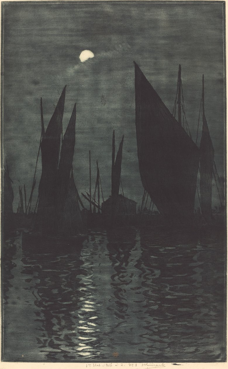 Moonlight in the Harbor at Dieppe by Henri Charles Guérard