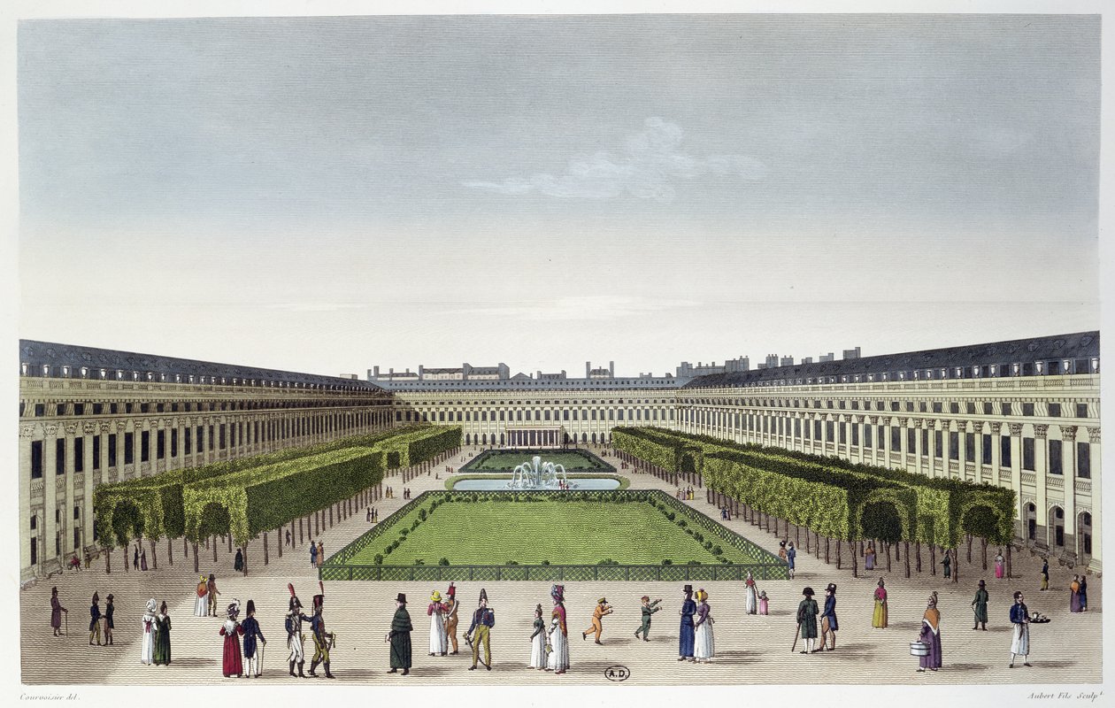 View of the Gardens of the Palais Royal, as seen from the Galeries de Bois, engraved by Aubert Fils, c.1815-20 by Henri Courvoisier Voisin