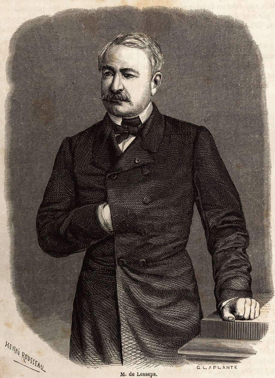 Portrait of Ferdinand de Lesseps, diplomat and entrepreneur, promoter of the Canals of Suez and Panama, drawing by Henri Rousseau, to illustrate an excursion to the Suez Canal in 1862 by Paul Merruau. Engraving in 