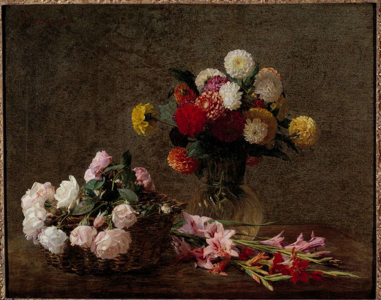 Dahlias and Roses in a Basket by Ignace Henri Jean Fantin Latour