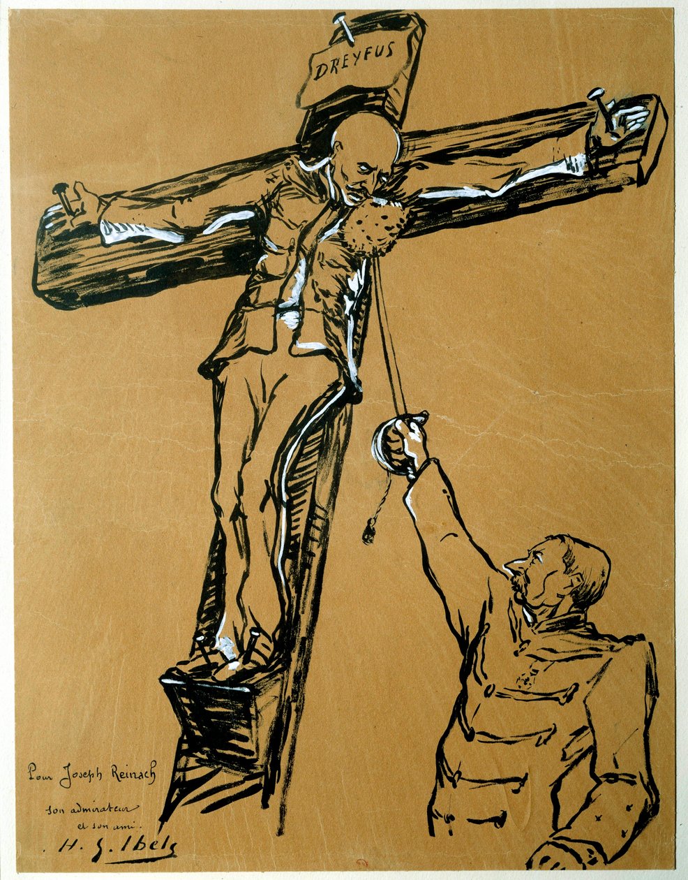 Satire on the Dreyfus affair: “Captain Dreyfus and General Mercier (1833-1921): the minister of war who sentenced Dreyfus, in the place of the Roman soldier, extends a sponge to Captain Dreyfus crucified so that he wipes his face” by Henri Gabriel Ibels