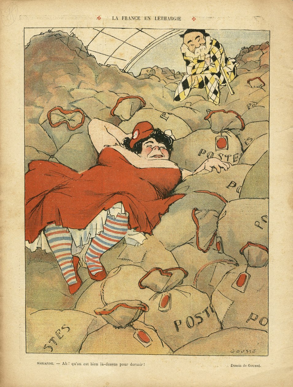 Illustration of Henri Gousse (1872-1914) in Le Rire, 03/04/09 - La France en Lethargie - Social, Strike, Postal Service - Clemenceau George, Marianne by Henri Gousse