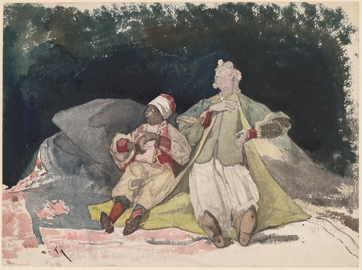 Two Dolls or Puppets Sitting on Cushions by Henri Joseph Harpignies