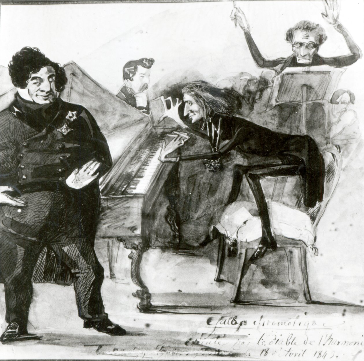 Galop Chromatique Caricature of Luigi Lablache, Franz Liszt at the piano and Francois Habeneck by Henri Lehmann