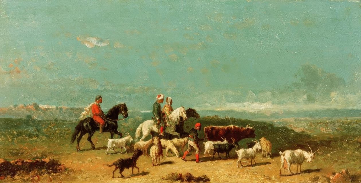 Arab Riders Group with a Goat Herder in a Wide Landscape by Henri Lucien Robert