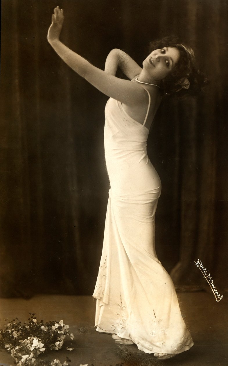 Portrait of the French Actress Regina Badet in an Evocative Pose, Wearing a Long White Dress by Henri Manuel