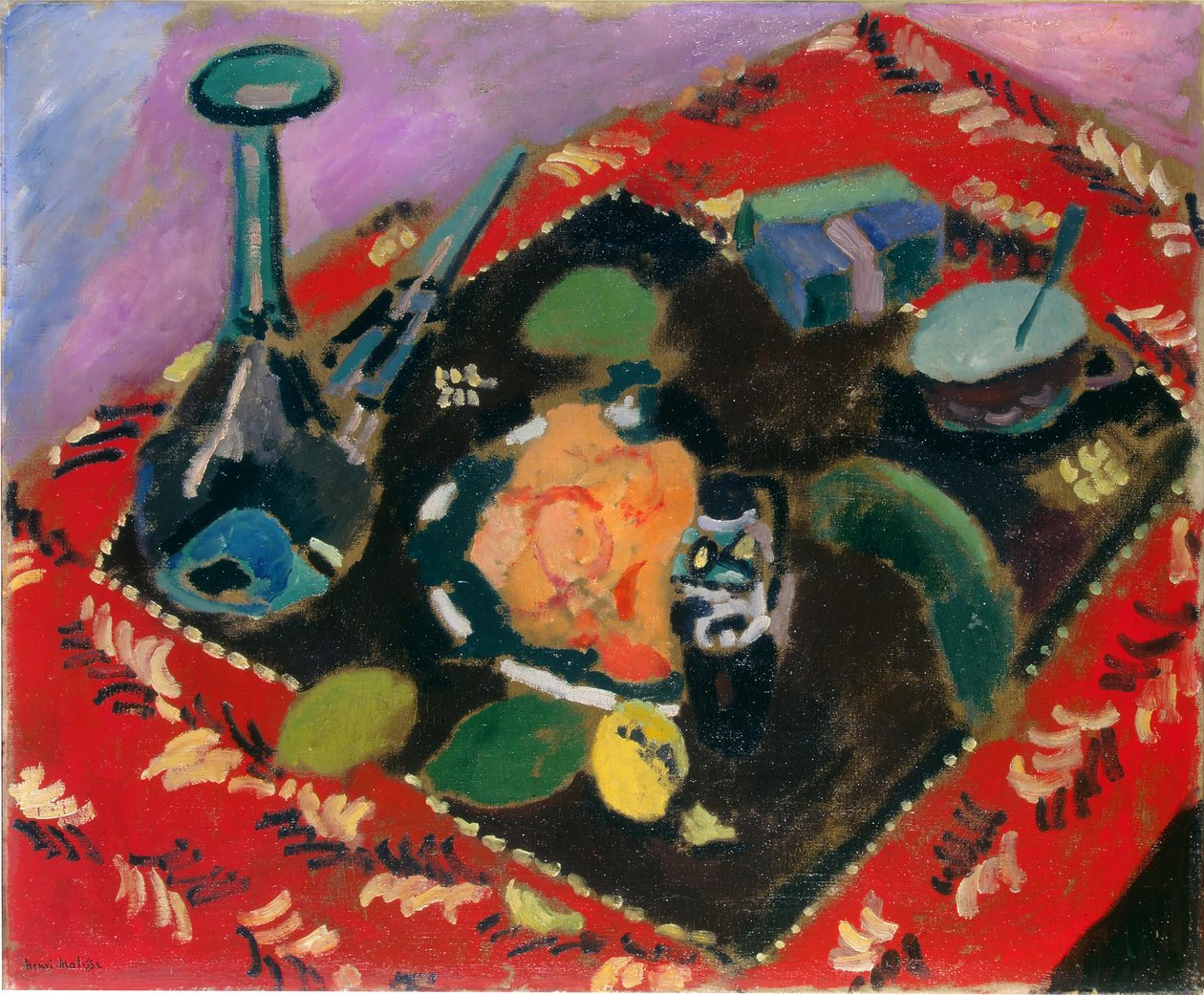 Dishes and Fruit on a Red and Black Carpet by Henri Matisse