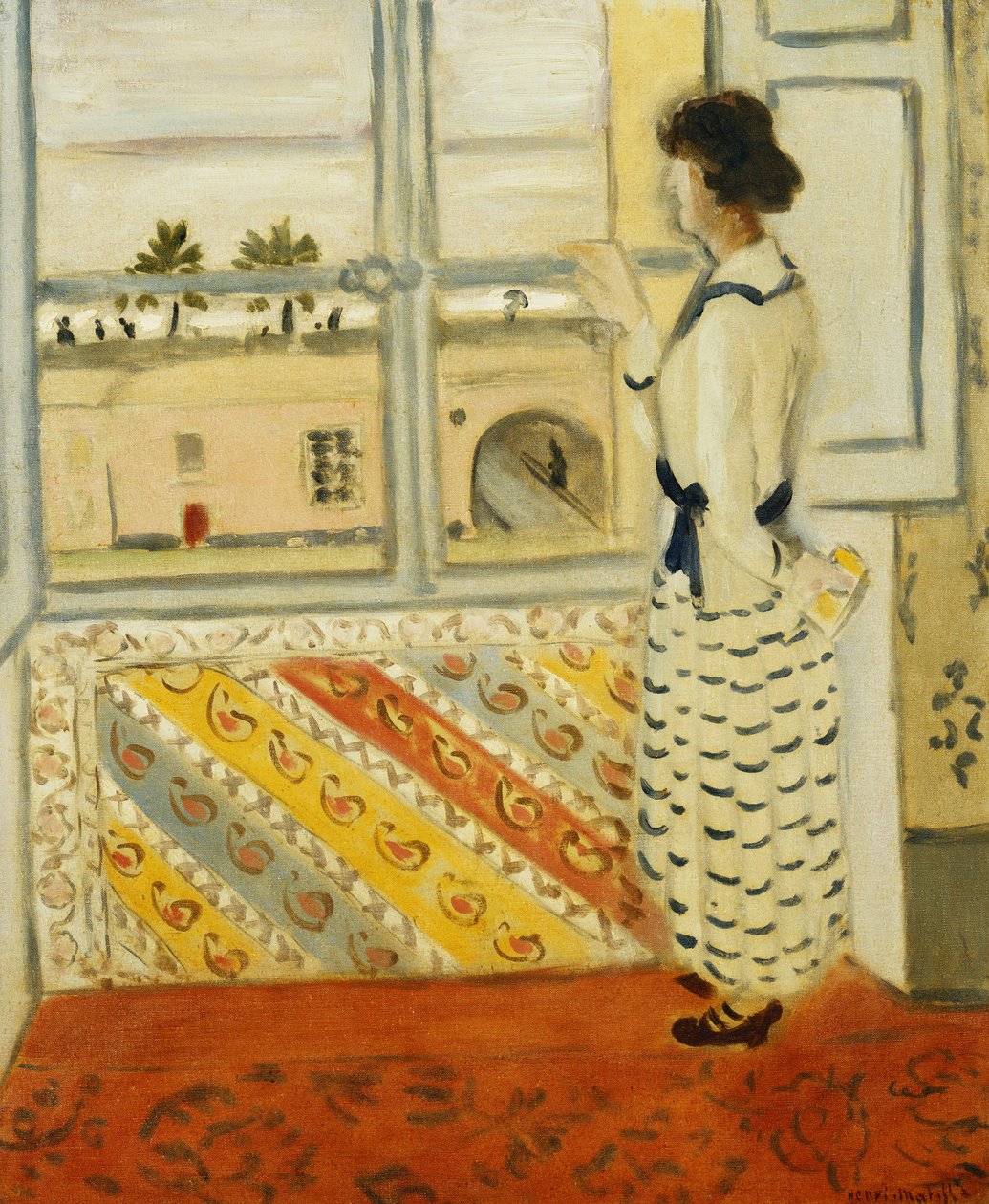 Young Woman at a Window, Blue Striped Dress by Henri Matisse