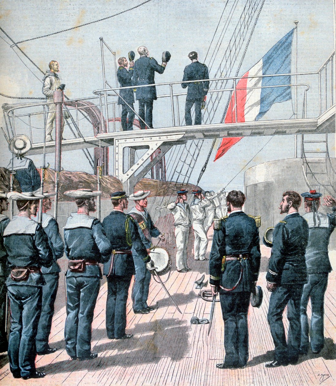 Salute to the flag, French naval manoeuvres, 1891