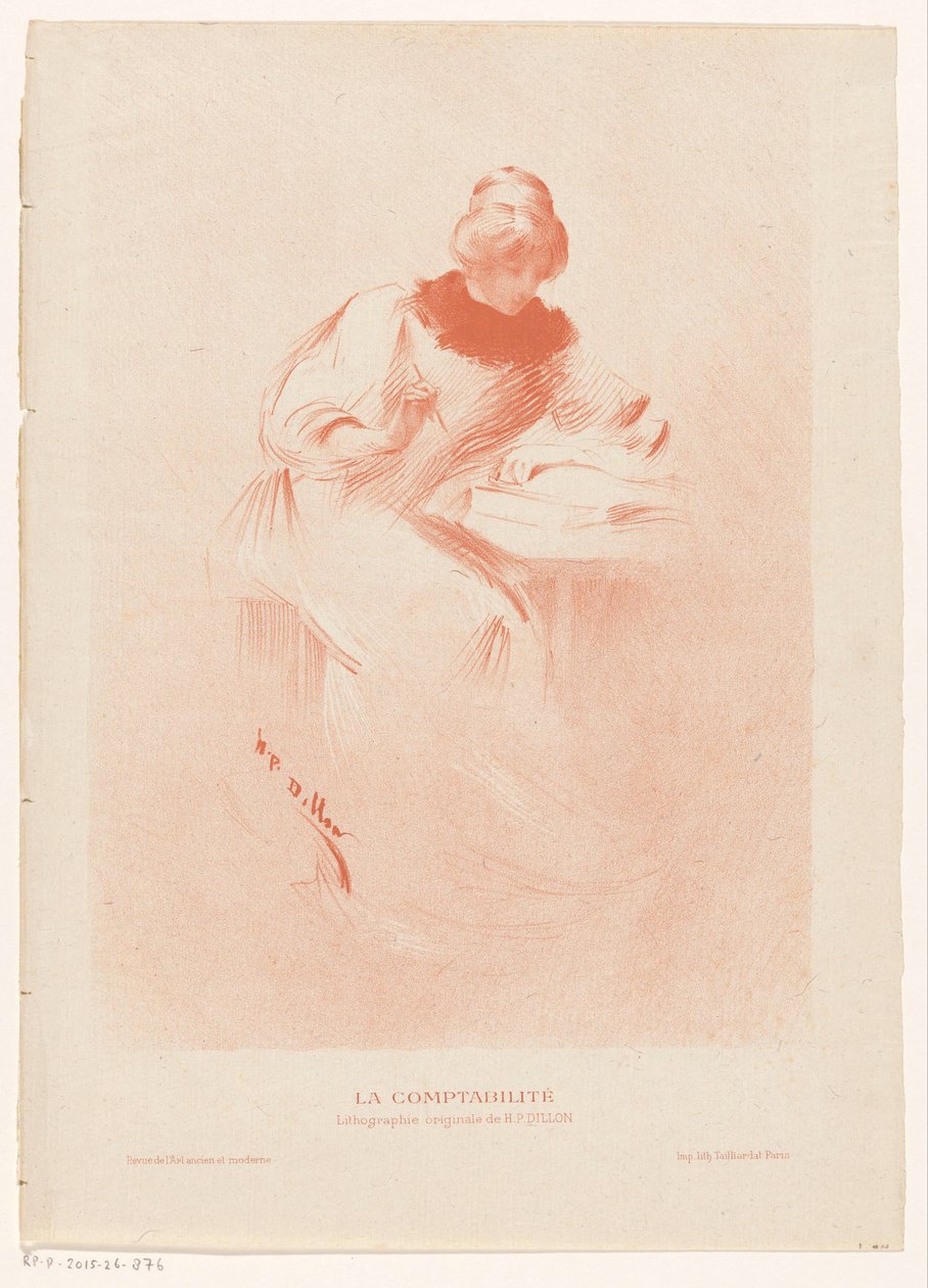Woman Behind a Table with an Open Book, a Pen in Her Hand by Henri Patrice Dillon