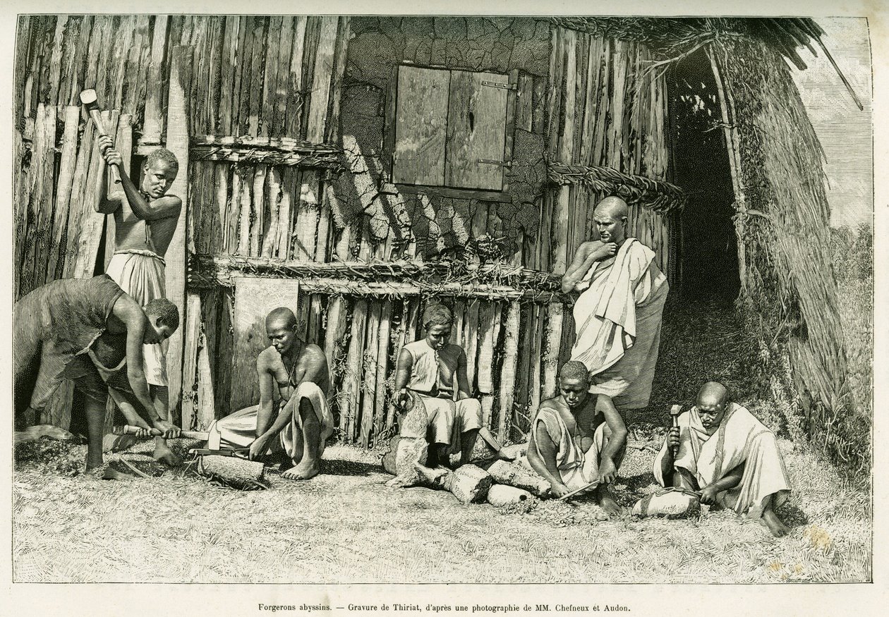 Abyssine blacksmiths. Engraving by Thiriat, after a photograph, to illustrate the story 