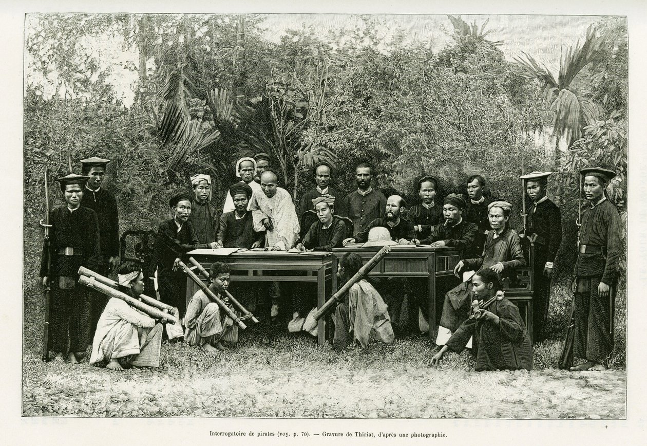 Interrogation of Pirates. Engraving by Thiriat, after a photograph, to illustrate the story 
