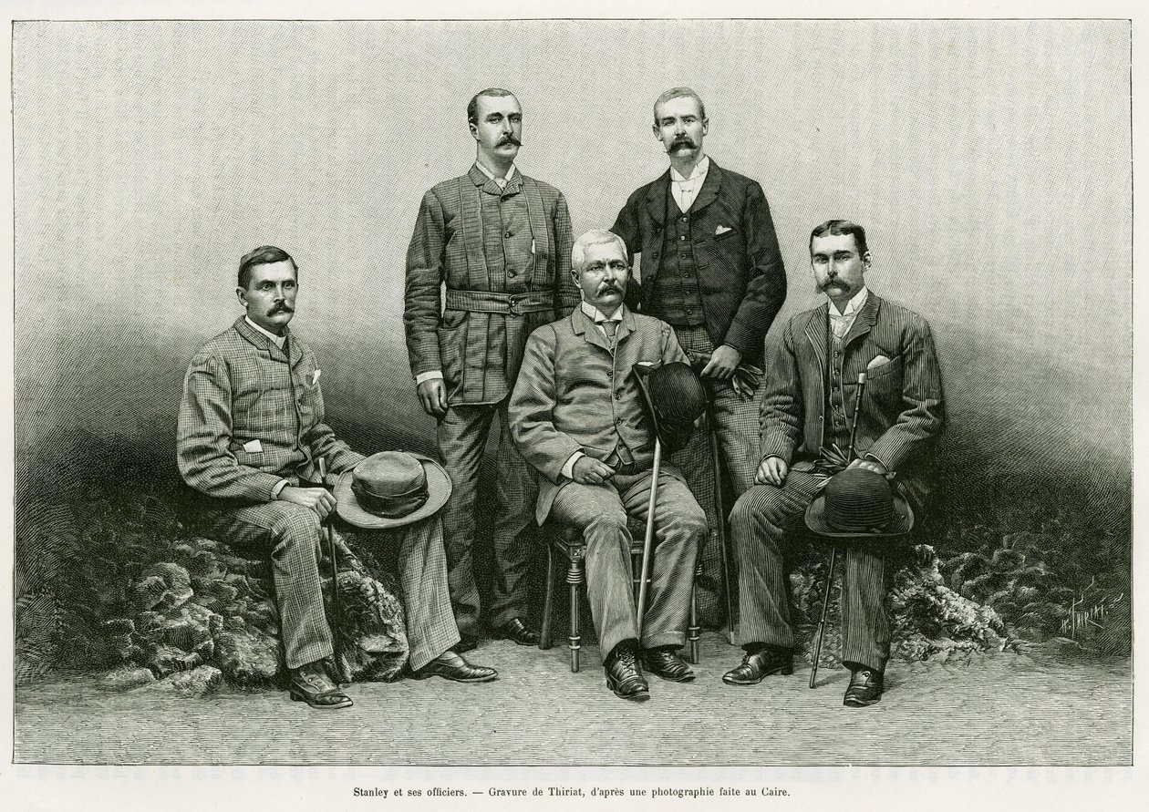 Portrait of Henry Morton Stanley surrounds his officers from the left: Dr. Thomas Heazle Parke, Robert H. Nelson, William G. Stairs, and Arthur J. M. Jephson. Engraving to illustrate the story Dans les tenebres de l