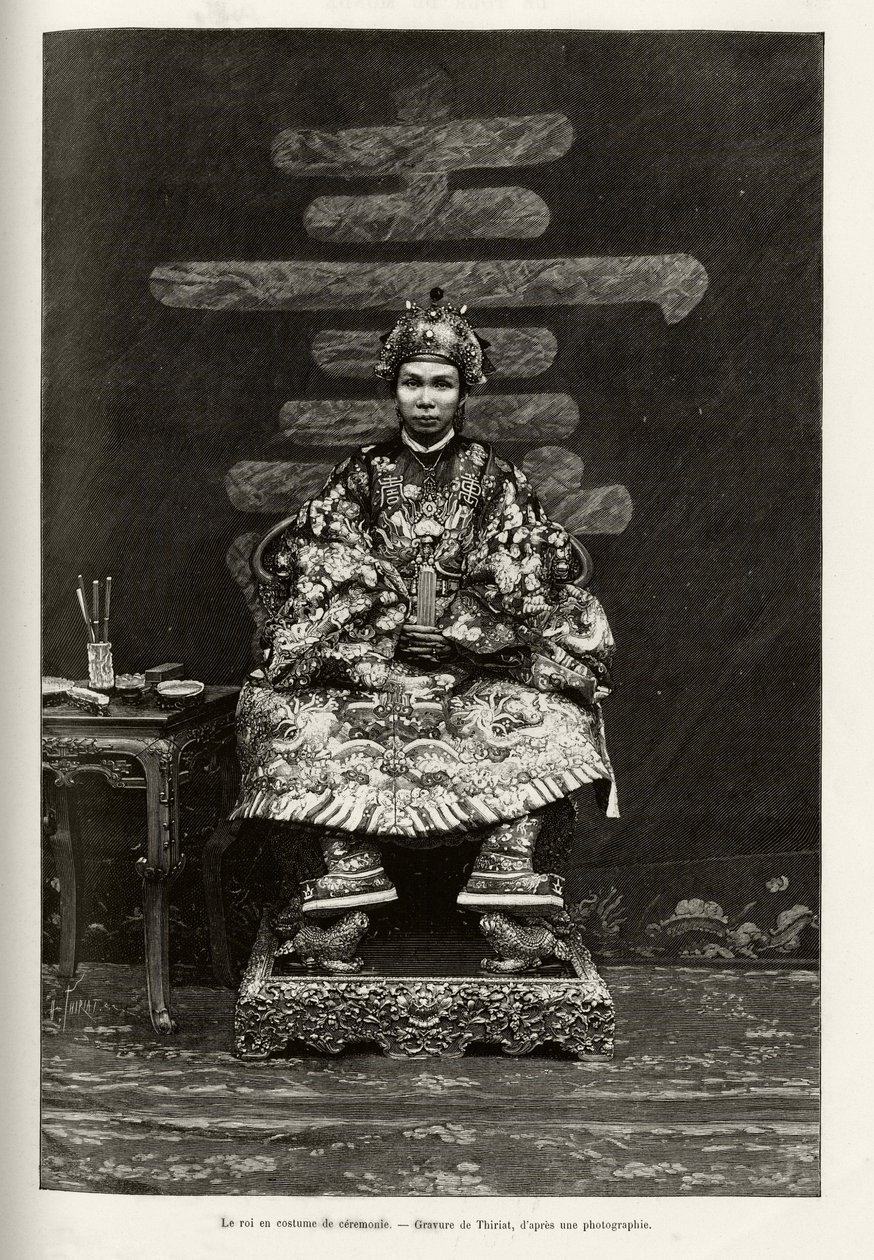 Portrait of King Dong Khanh, Emperor of Annam, in ceremonial costume (engraving by Thiriat, to illustrate the story 
