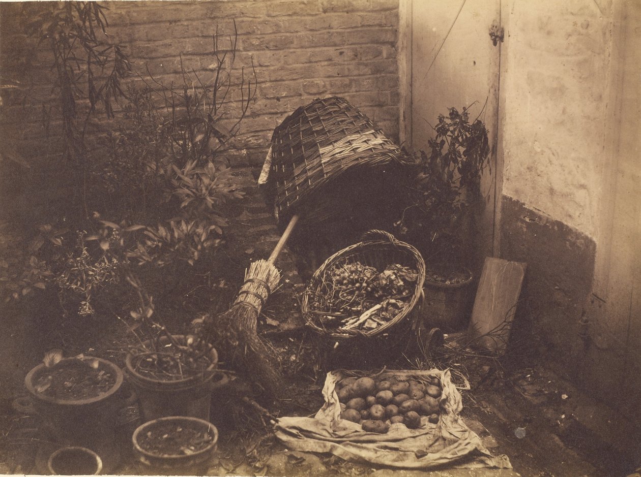 Still Life with Straw Baskets, Broom, Opened Sack of Potatoes and Potted Plants by Henri Victor Regnault