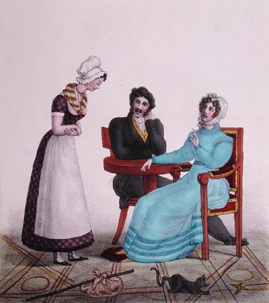 And above all else, be good!, caricature of a couple talking to their maid before she leaves, c.1820-30 by Henri Villain