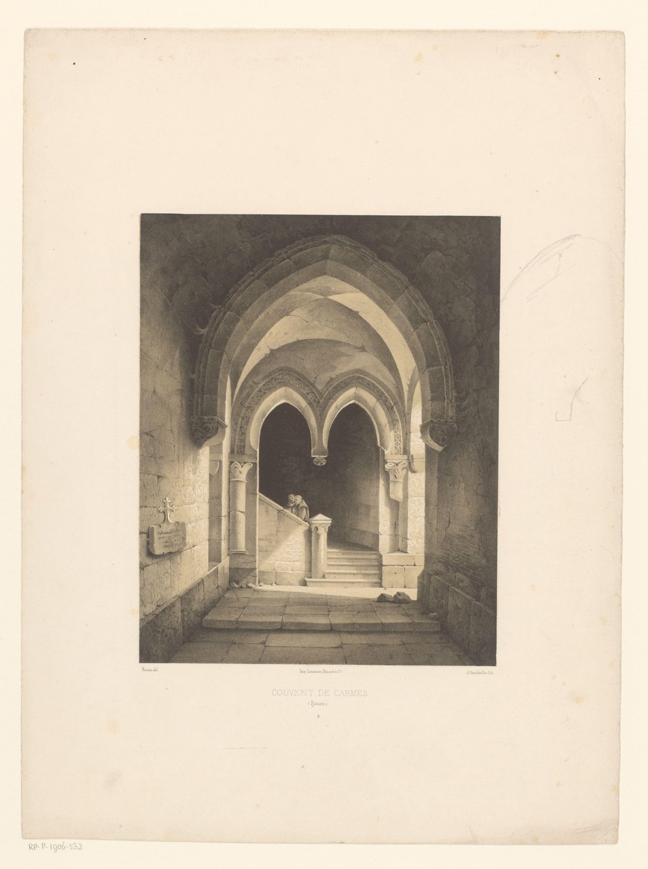 Interior of a monastery with two monks in the background by Henri de Boug d