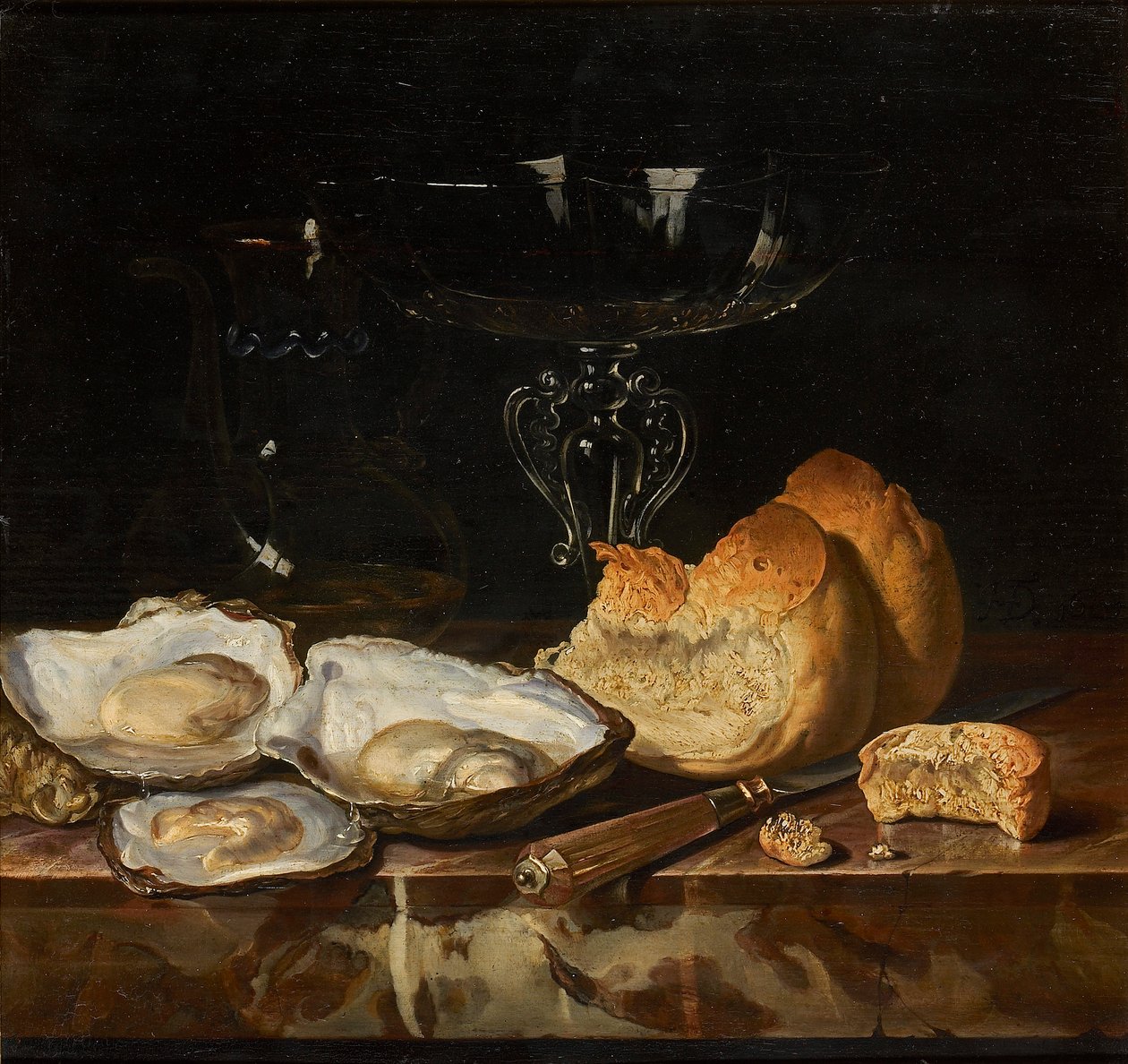 Still Life with Oysters, Bread and Venetian Wine Glass by Henri de Fromantiou