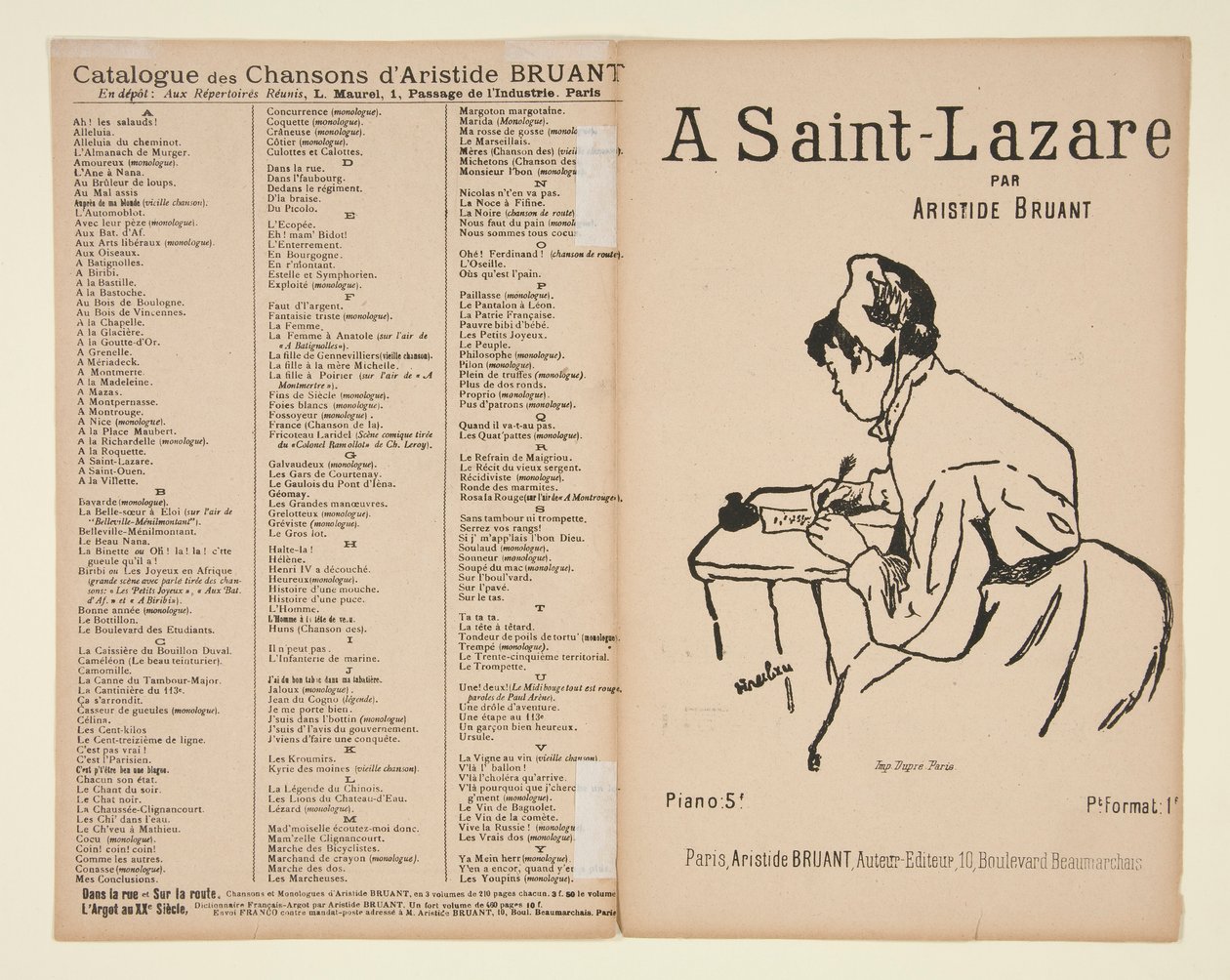 At Saint-Lazare, words and music by Aristide Bruant, cover for sheet music by Henri de Toulouse Lautrec