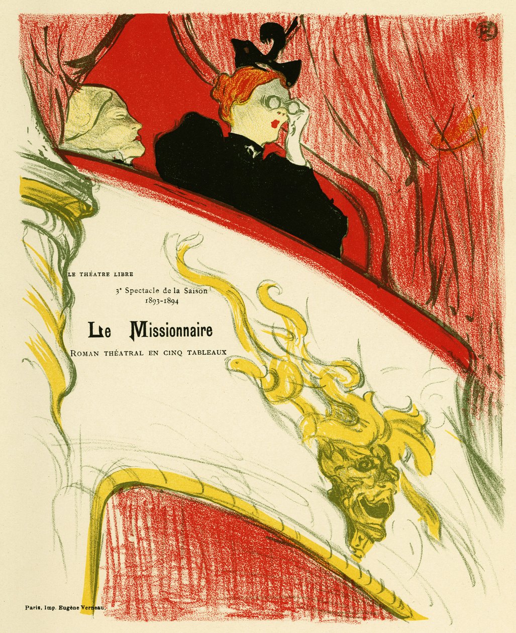 A woman in a theatre dressing room using a pair of binoculars. Poster for the Missionary, play by Marcel Luguet, represented in 1893 at the Free Theatre created in 1887 by Andre Antoine by Henri de Toulouse Lautrec