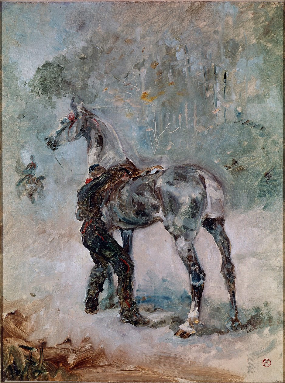 Gunner saddling his horse by Henri de Toulouse Lautrec