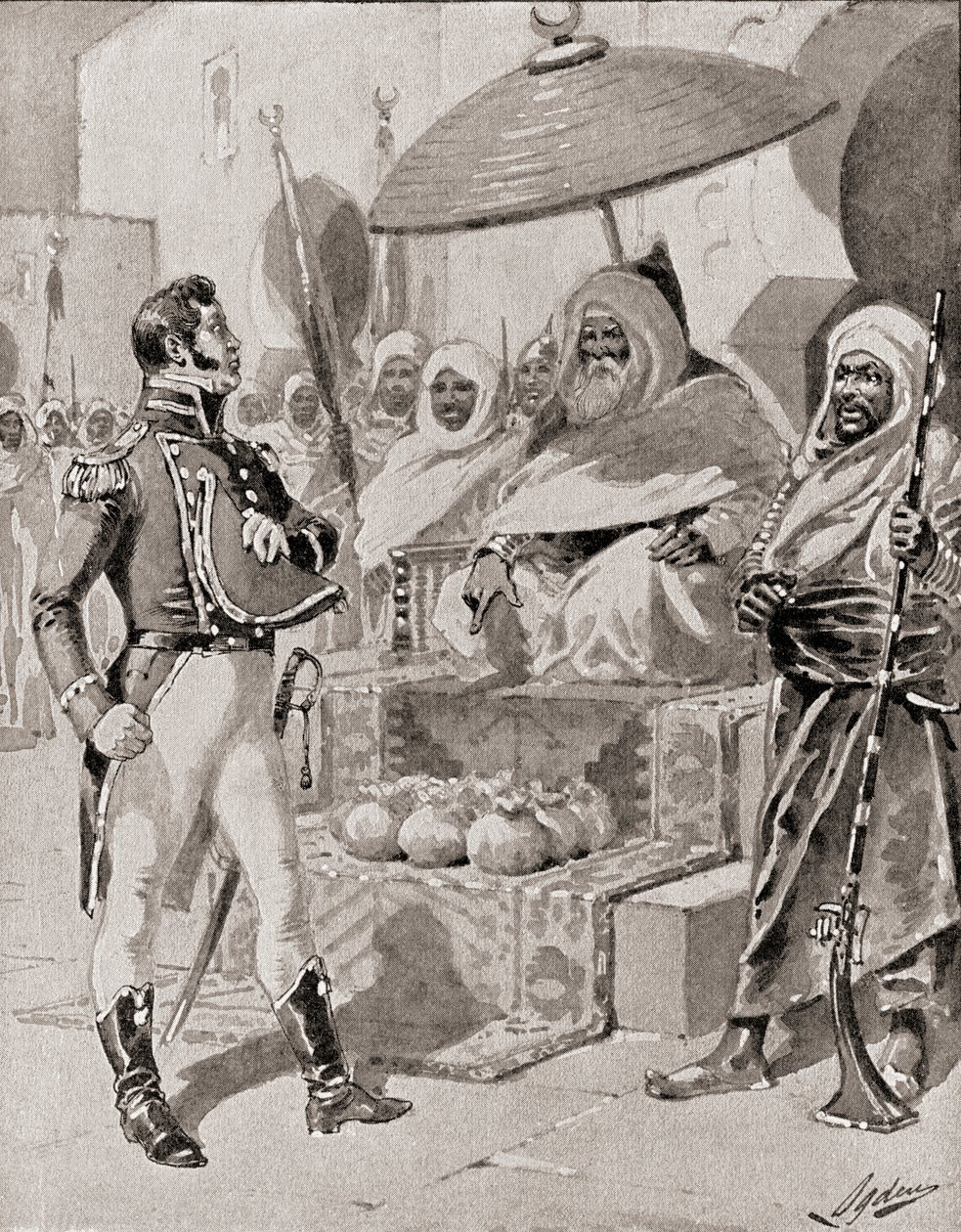 Captain William Bainbridge paying the tribute to the Dey of Algiers to secure exemption from capture for U.S. merchant ships in the Mediterranean in 1800, from The History of Our Country, published 1905 by Henry Alexander Ogden